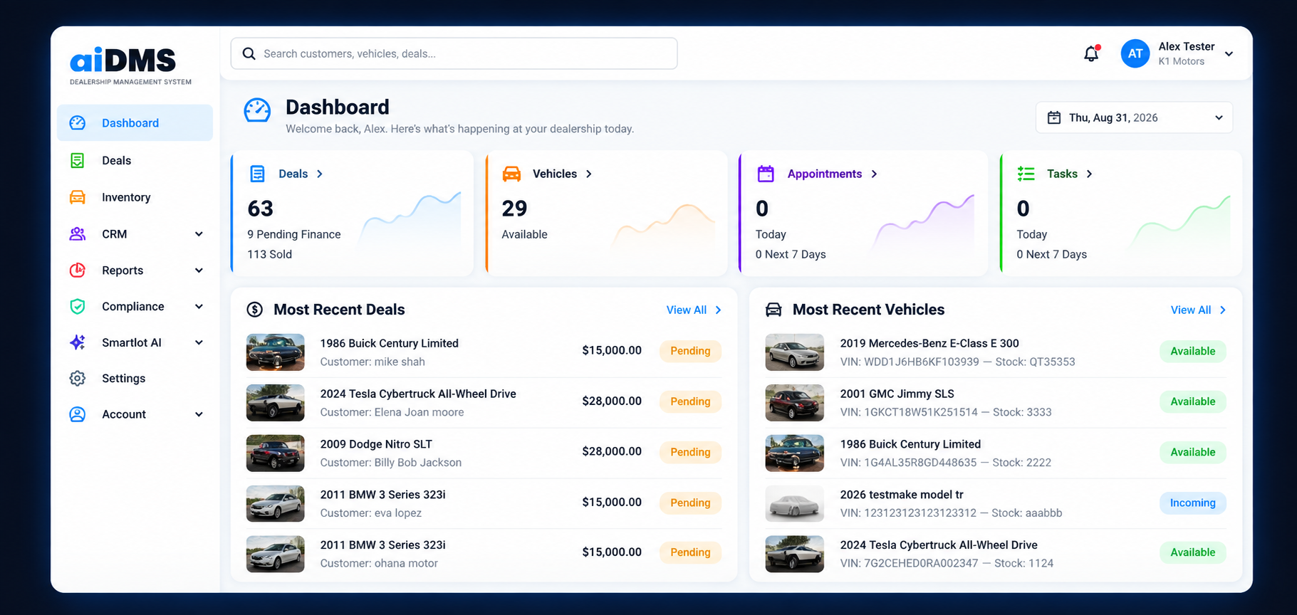 aiDMS Dashboard showing deals, vehicles, appointments, tasks, most recent deals and most recent vehicles