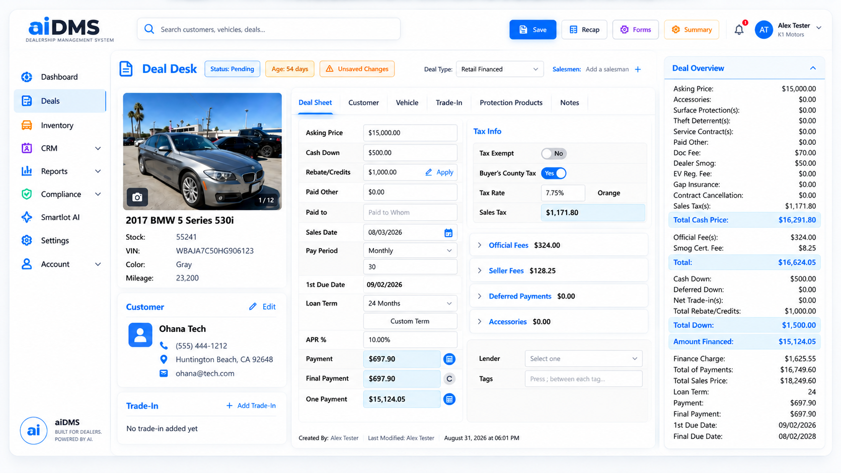 aiDMS Deal Desk showing vehicle, customer, deal sheet, taxes, fees, payment and deal overview