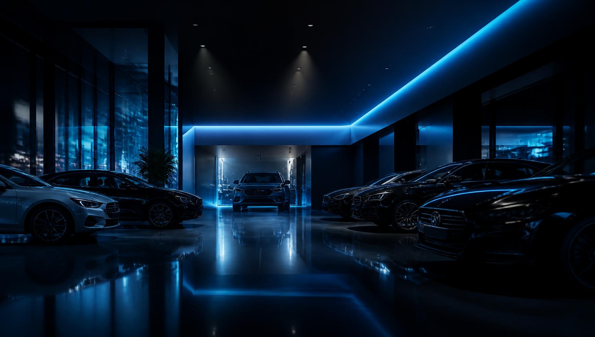 Modern independent dealership showroom lit in blue at night